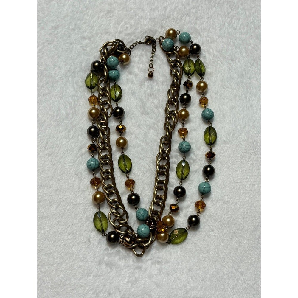 Turquoise multicolored chunky triple layer adjustable fashion necklace